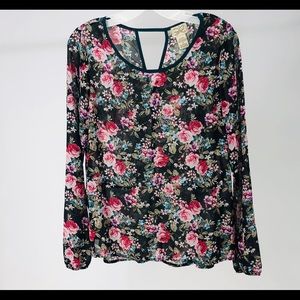 Eyelash Couture Black Pink Floral Long Sleeve Pullover Ladies Blouse Medium